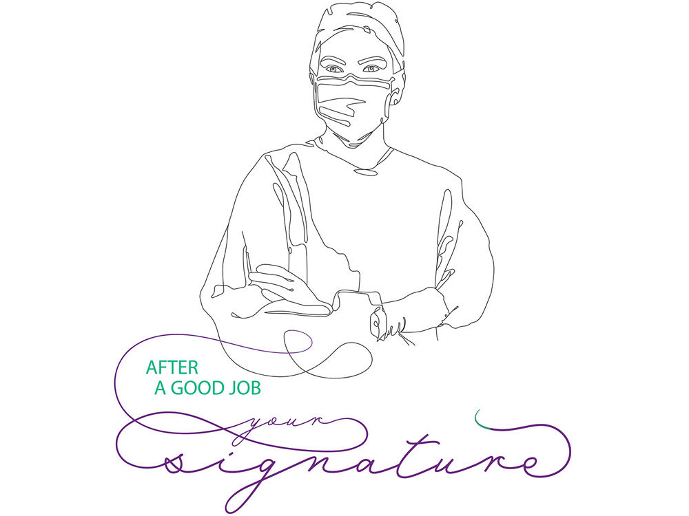 Ilustracja przedstawiająca kobietę chirurga z hasłem „Po dobrej pracy Twój podpis.”