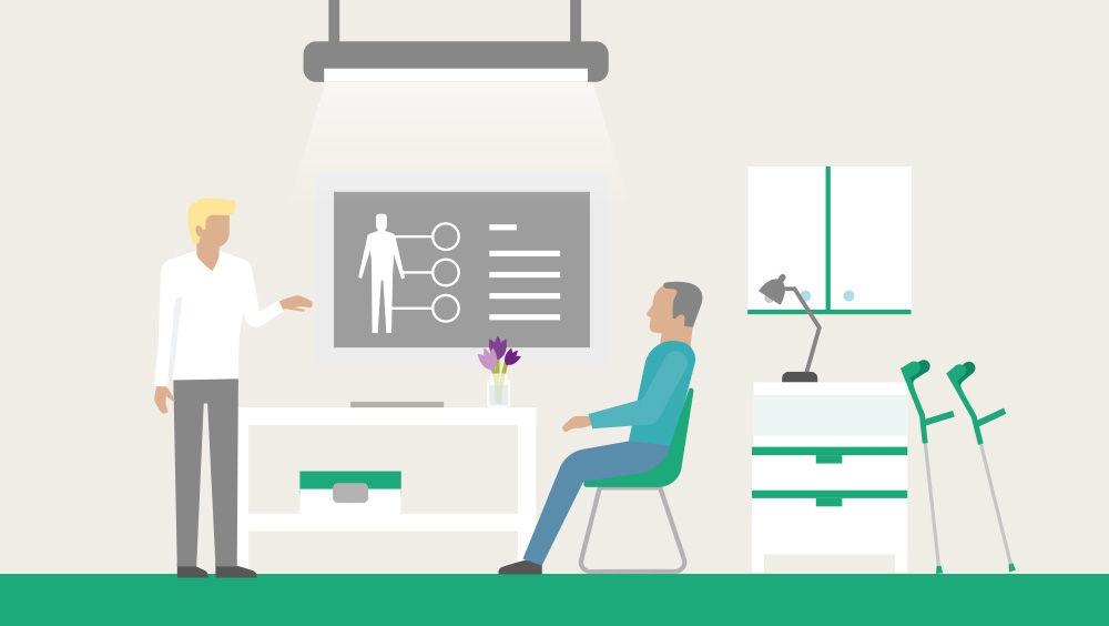 Animowana grafika przedstawiająca lekarza wyjaśniającego coś na ekranie siedzącemu pacjentowi. W tle gabinet lekarski.