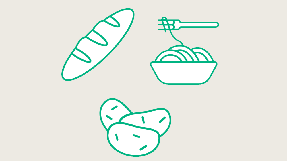 chleb, ziemniaki i makaron z zielonym motywem widelca