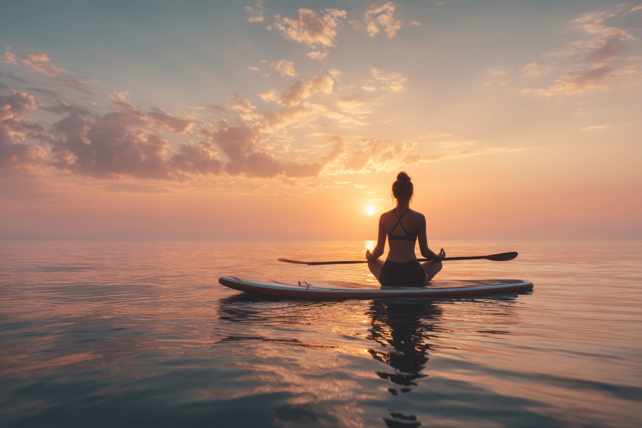 A woman doing yoga on a paddleboard in a calm sea during sunrise, featuring a soft pastel sky and calm water.
