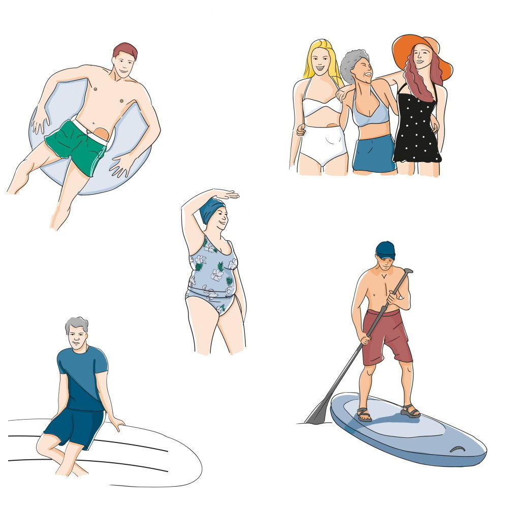 ilustracja osób w kostiumach kąpielowych