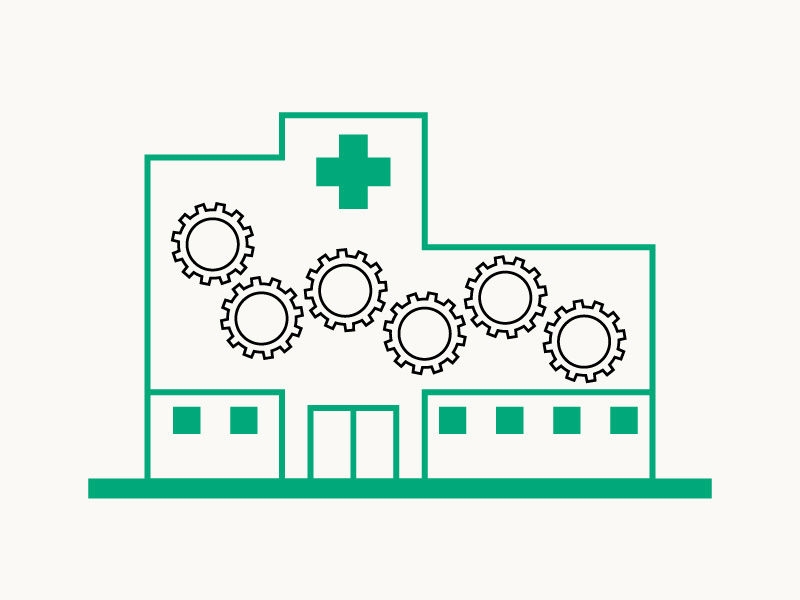 Ikona z budynkiem cssd i połączonymi kołami zębatymi