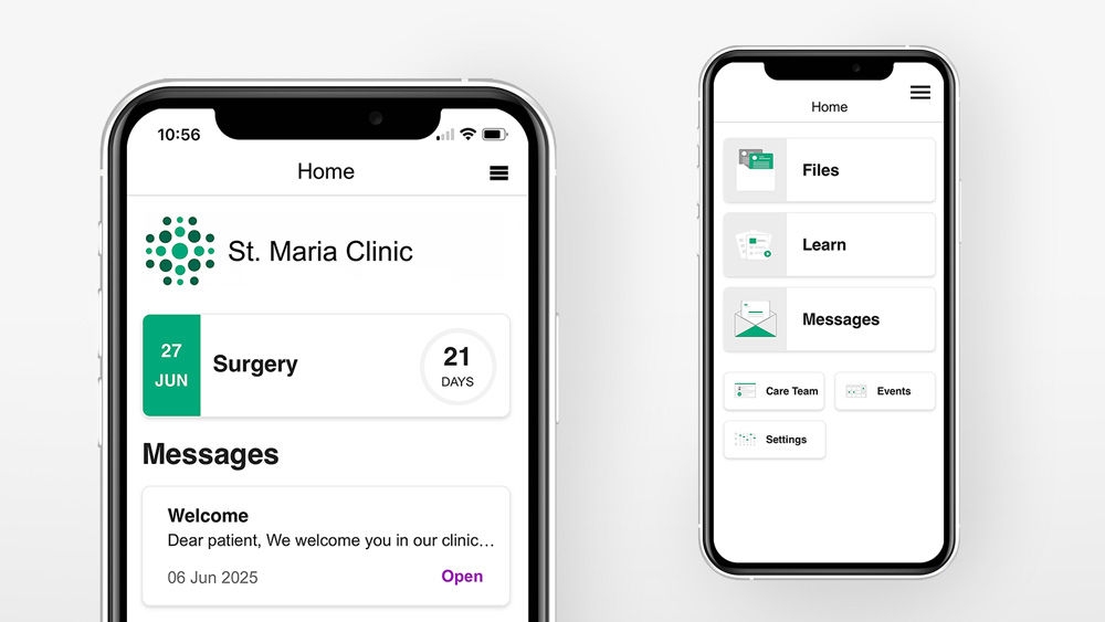 Na dwóch ekranach smartfona wyświetlany jest interfejs aplikacji ForPatientApp, na którym wyświetlana jest strona główna z aktualizacjami medycznymi oraz menu z różnymi opcjami związanymi z opieką.