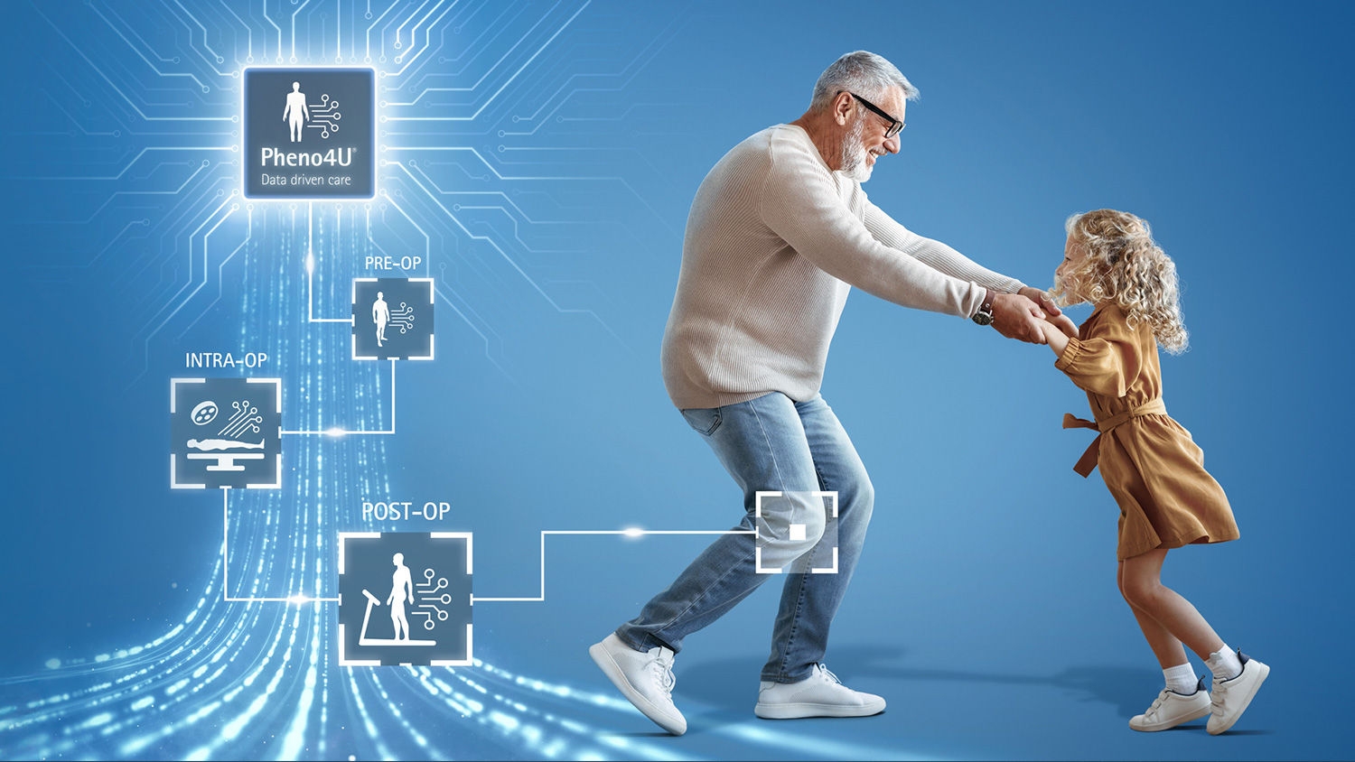 Starszy mężczyzna tańczący z dzieckiem. W tle widoczne są różne ikony faz operacji