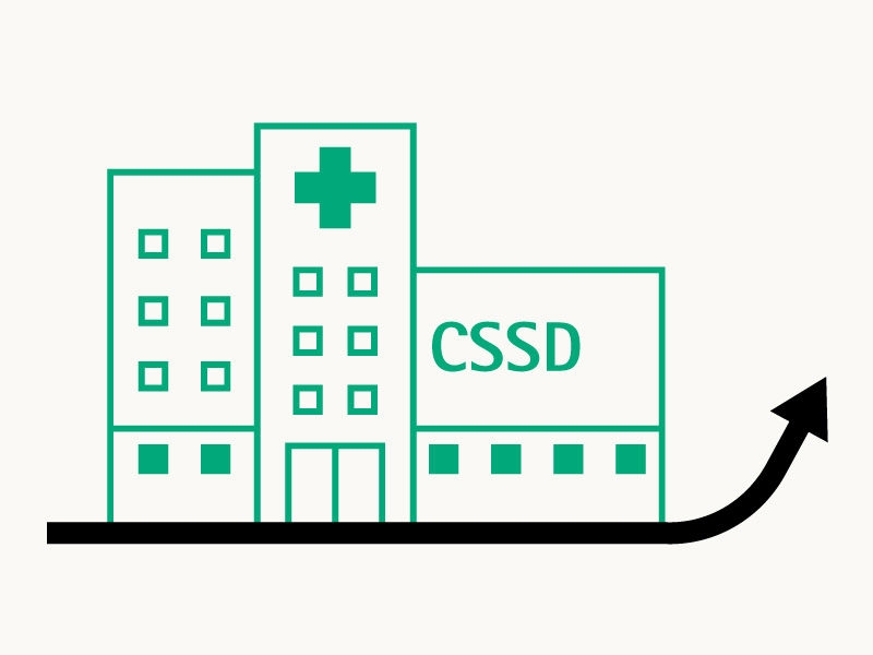Ikona z budynkiem centralnej sterylizatorni i strzałką wychodzącą spod budynku, skierowaną w górę