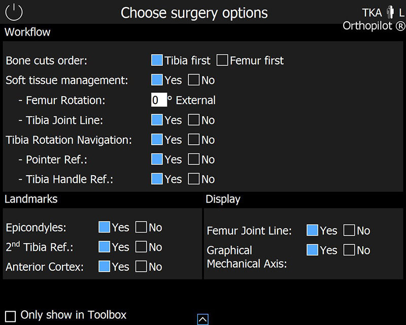 Zrzut ekranu oprogramowania OrthoPilot® TKA - Wybór opcji chirurgicznych