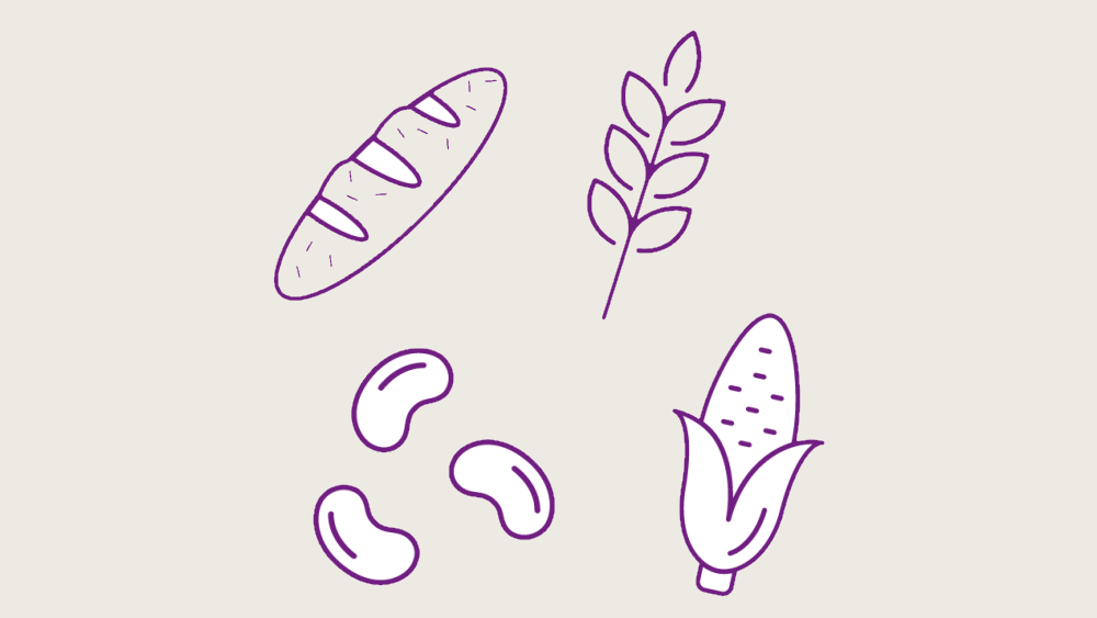 pełnoziarnisty chleb pszenny, pełnoziarniste płatki pszenicy i rośliny strączkowe fioletowa ilustracja