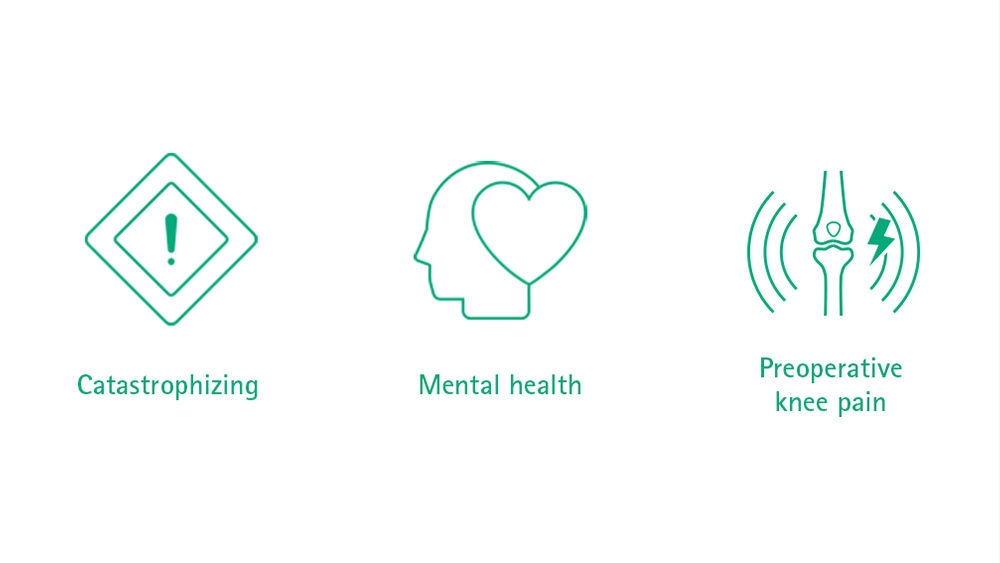 Wyświetlane są trzy ikony, pierwsza ikona przedstawia znak ze znakiem wykrzyknika, pod nim znajduje się napis „Katastrofa”. Druga ikona przedstawia kształt głowy z sercem z tyłu i zdrowiem psychicznym poniżej. Trzecia ikona przedstawia wrzątek kolana, z błyskawicą i ramką wokół niego oraz słowem przedoperacyjny ból kolana pod spodem.