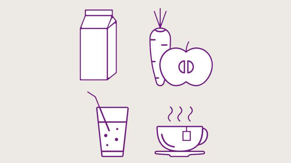 Ilustracja przedstawiająca mleko, herbatę, wodę gazowaną, marchew i jabłko w kolorze fioletowym