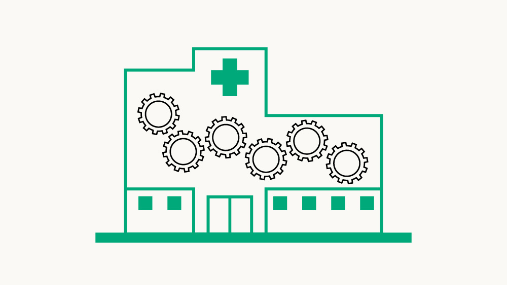 Ikona z budynkiem cssd i połączonymi kołami zębatymi