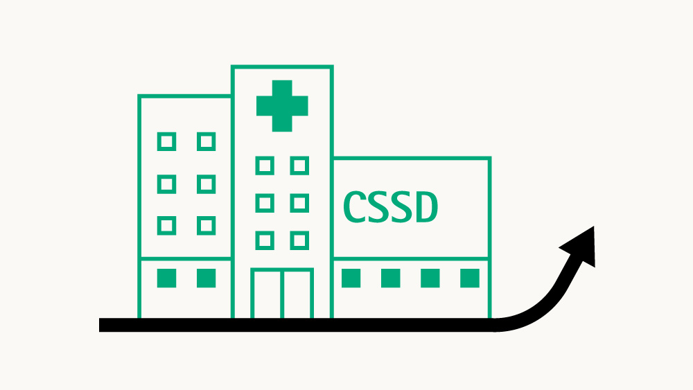 Ikona z budynkiem centralnej sterylizatorni i strzałką wychodzącą spod budynku, skierowaną w górę