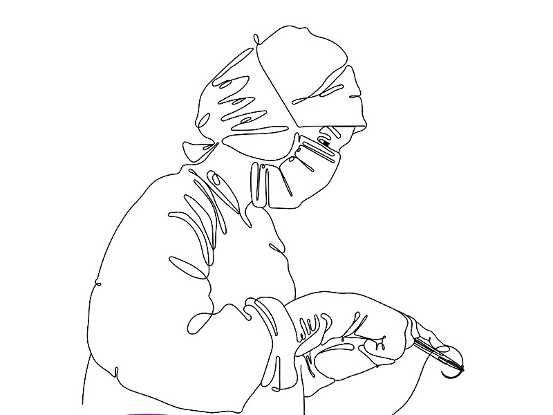Ilustracja przedstawiająca kobietę chirurga z maską stojącą z boku, trzymającą szew chirurgiczny na uchwycie igły